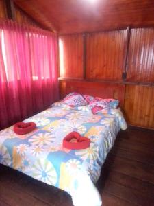 1 dormitorio con 1 cama con 2 almohadas rojas en Madervillhospedaje en Aquitania