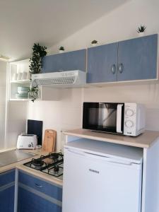 eine Küche mit blauen Schränken und einer Mikrowelle in der Unterkunft Casinhas dos Valados in Bolhos