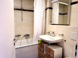 y baño con lavabo, bañera y ducha. en Joli appartement 2 pièces et demi tout confort, Balcon du Ciel NAX Mont-Noble, en Nax