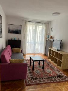 een woonkamer met een paarse bank en een salontafel bij Gdynia Śródmieście Necla Apartament in Gdynia
