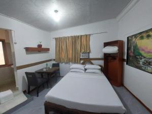 a bedroom with two beds and a table and a desk at Larmar bed and breakfast in Puerto Princesa City