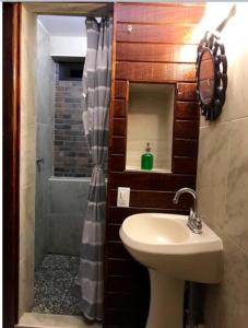 a bathroom with a sink and a shower at Lovely 1 downtown studio in Rosarito