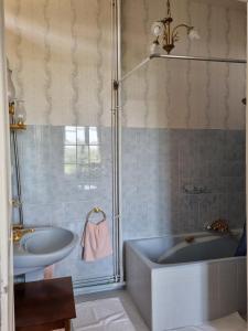 y baño con bañera y lavamanos. en Chateau Le Plessis, en Sémelay