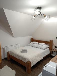 a bedroom with a bed and a chandelier at Noclegi SKORUSINKA w pobliżu Chochołowskich Term in Witów