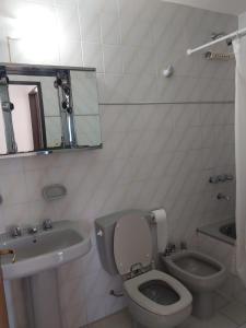 a bathroom with a toilet and a sink and a mirror at Mirador Azul Apart, 3 A,B,C in Las Grutas