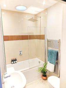 a bathroom with a shower and a tub and a sink at Modern Central Brighton patio flat - free parking! in Brighton & Hove
