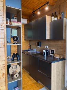 eine Küche mit einer schwarzen Theke und Holzwänden in der Unterkunft Woodhouse in Bijelo Polje