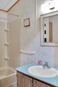 a bathroom with a sink and a tub and a mirror at Lake Monroe's Charming Villa in Bloomington