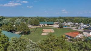 an aerial view of a park with a playground at Charming Log Cabin in Bloomington in Bloomington