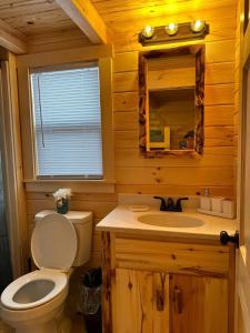 ein Badezimmer mit einem WC, einem Waschbecken und einem Spiegel in der Unterkunft Get-away Cabin in Surf City w Loft and Parking in Surf City