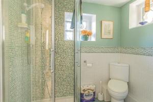 a bathroom with a toilet and a glass shower at 17th Century Rural Home in Hawthorn