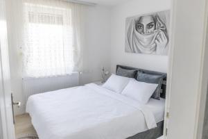 Apartman Albijanić في Sremska Kamenica: غرفة نوم بسرير ابيض ولوحة على الحائط
