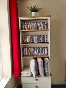a book shelf filled with dvds and a potted plant at Ideal Apartment close to the Hustle and Bustle in Ashton under Lyne