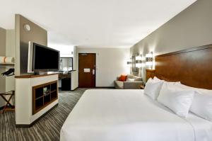 Cette chambre comprend un lit et une télévision à écran plat. dans l'établissement Hyatt Place Minneapolis Eden Prairie, à Eden Prairie
