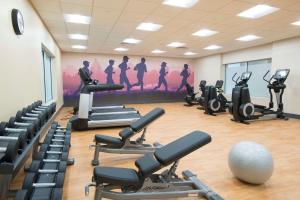 a gym with treadmills and exercise bikes and a mural at Hyatt Place Cincinnati/Sharonville Convention Center in Sharonville