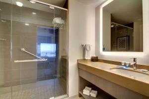 a bathroom with a shower and a sink and a mirror at Hyatt House Chicago/Evanston in Evanston