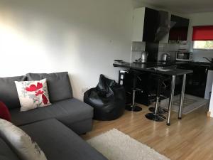 a living room with a couch and a table and a kitchen at Villa 44 in Camelford