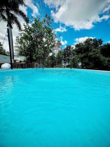a large blue swimming pool with a palm tree at EcoMar Rentals Casa:, Naturaleza, Piscina & Playa in Cabo Rojo