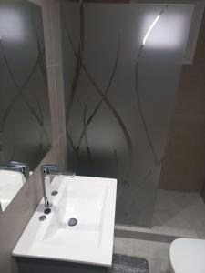 a bathroom with a white sink and a mirror at Villa las Marias in San Carlos de Bariloche