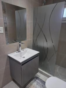 a bathroom with a sink and a shower with a mirror at Villa las Marias in San Carlos de Bariloche