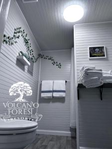 ボルケーノにあるVolcano Forest Resortのバスルーム(壁に盆栽の森の看板付)