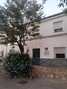 a building with a tree and flowers in front of it at Casa Los Belenes in Cazorla