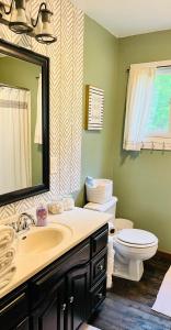 a bathroom with a toilet and a sink and a mirror at Huge Secluded 5 Bedroom 2 12 Bathroom Home! in Ontario