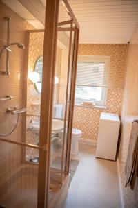 ein kleines Bad mit WC und Waschbecken in der Unterkunft Apartment Strauss #FÜNF - 3 Zimmer BS-City in Braunschweig