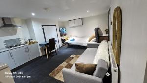 a living room with two beds and a kitchen in a room at Beautiful En-suite Studio in Leeds -Lower Floor in Leeds
