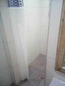 茹伊斯迪福拉的住宿－Pousada Barão de Santa Helena，一间带淋浴的浴室,配有白色的墙壁