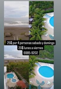 a collage of three pictures of a swimming pool at PH OLAS TOWERS FRONT. PLAYA LA BARQUETA in Chiriquí