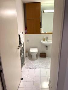 a bathroom with a toilet and a sink at Spacious Queen Bed City Centre Penthouse With Balcony - Homeshare - Live In Host in Glasgow