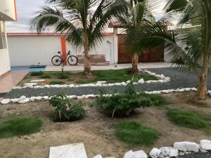 a garden with palm trees and a bike in the background at Villa Comando Privacidad Cerca al Mar in Briseño