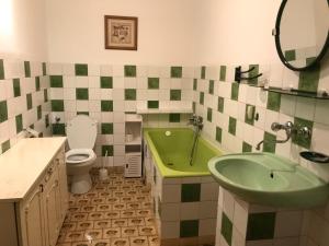 La salle de bains est pourvue d'une baignoire verte et de toilettes. dans l'établissement Hostel Odlot Ławica pokoje na wyłączność, à Poznań
