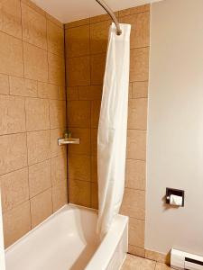 a bathroom with a bath tub with a shower curtain at Lakeview Motel & Cottage in Kincardine