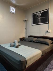 Seahorse Diver Guesthouse في بيرهينتيان: غرفة نوم مع سرير كبير مع ضوء على الحائط