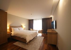 Habitación de hotel con cama y TV en IlleInn Hotel en Seogwipo