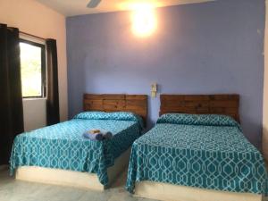 een slaapkamer met 2 bedden en een teddybeer op het bed bij Bungalo en Tecolutla in Tecolutla