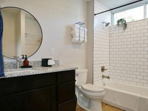 a bathroom with a sink and a toilet and a mirror at Hip Container APT - 5 Min Walk to TIAA Bank in Jacksonville