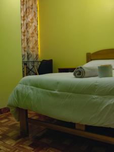a bed in a room with a green wall at Casa Hotel Místico in Ayacucho