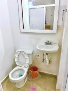 サユリタにあるCasa Baluana vive Sayulita a un paso de todoのトイレ、洗面台、鏡のあるバスルーム