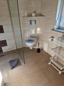 a bathroom with a toilet and a glass shower at Pension NELE für Monteure NAHE Berlin in Mittenwalde