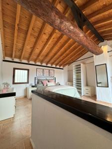 Casa Rural El Alcázar - Cehegín في ثيخين: غرفة نوم بسرير كبير وسقوف خشبية