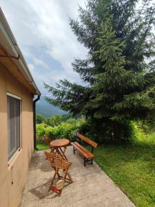 eine Terrasse mit einem Tisch, Bänken und einem Baum in der Unterkunft Valley Tara in Plužine