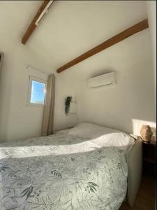een slaapkamer met een bed in een kamer met een raam bij Maisonnette cosy à la campagne in Céret