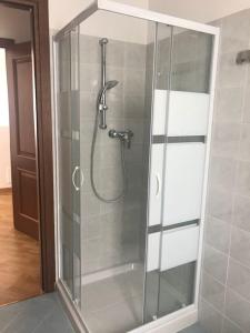 a shower with a glass door in a bathroom at La Piana Vigezzo Santa Maria Maggiore Piano Terra con giardino in Santa Maria Maggiore