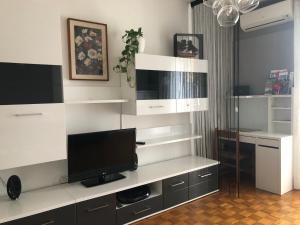 een woonkamer met een tv aan een witte muur bij Guesthouse Gigli 2 - Garage piccolo & Tourist Card in Bolzano
