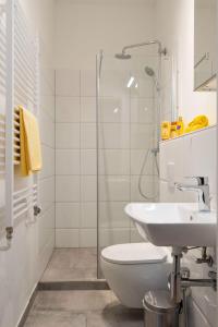a bathroom with a shower and a toilet and a sink at Lovely Apartment in the near of Kudamm in Berlin
