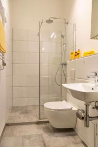 een badkamer met een douche, een toilet en een wastafel bij Great Apartment close to Kudamm in Berlijn