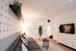 ein Wohnzimmer mit einem Sofa und einem Flachbild-TV in der Unterkunft Great Three Bedroom Apartment in Hamburg